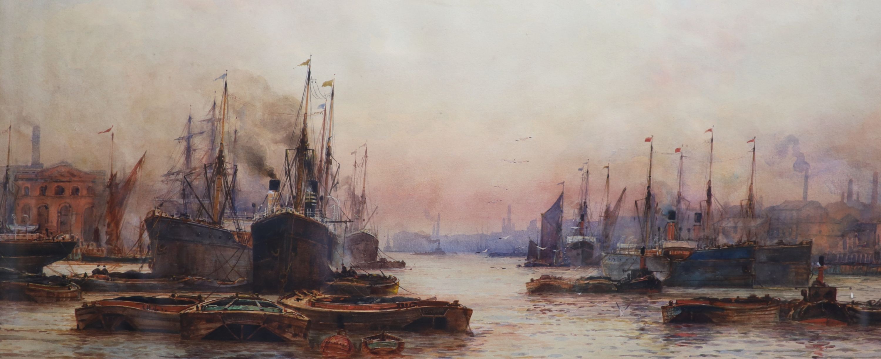 Frederick William Scarborough (1860-1939), ‘Sunset, Wapping Reach, London’, watercolour, 33 x 74cm.